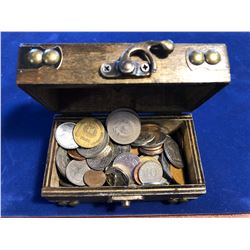 Wooden Treasure Chest Box FILLED with US and World Coins 1.5lbs