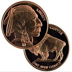 CHIEF BUFFALO 1oz Copper 999 Fine Copper Coin MS High Grade