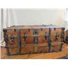 Image 1 : Antique Flattop Ribbed Trunk- Marked AE Meek Trunk and Bag Co.  Manufacturer, Denver Colo