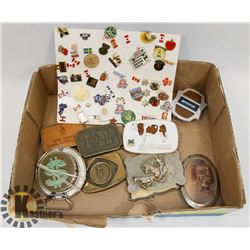 LOT OF 9 BELT BUCKLES AND COLLECTOR PINS