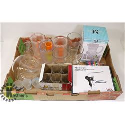 CARAFE WITH DRINKING GLASS, WINE OPENER, SHOT