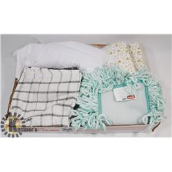 FLAT OF HOUSEHOLD ITEMS INCLUDING NEW DISH