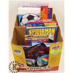 LARGE BOX WITH BIRTHDAY NAPKINS, CANDLE, TABLE