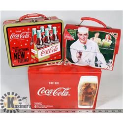6 COCA COLA GLASSES & 2 RETRO METAL LUNCH BOXES.