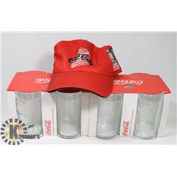 8 COCA COLA CAN GLASSES & BASEBALL CAP.