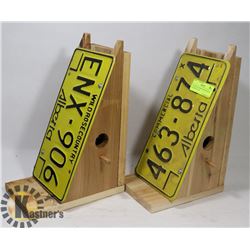2 HAND MADE BIRD HOUSES WITH LICENSE PLATES