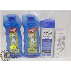 BAG OF SHAMPOO, HAIR GEL, AND MORE