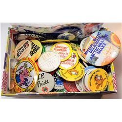 2)  BOX FULL OF ASSORTED BADGES
