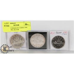LOT OF 3 CANADA $1 COINS 1939 SILVER, 1962, SILVER