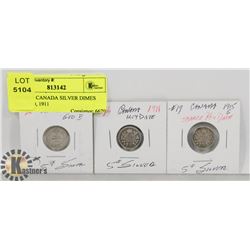 LOT OF 3 CANADA SILVER DIMES 1915, 1920, 1911