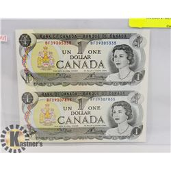 LOT OF 2 CANADA $1 BILLS UNCUT 1973
