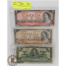 LOT OF 3 CANADA BILLS, $2 -1954, $1 -1937