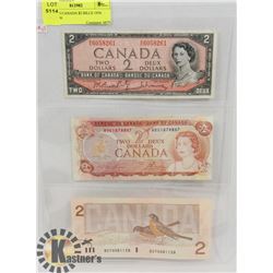 LOT OF 3 CANADA $2 BILLS 1954. 1974, 1986