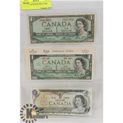 LOT OF 3 CANADA $1 BILLS 1954, 1967 1973