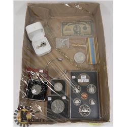 FLAT ASSORTED JEWELLERY, COLLECTIBLES & CURRENCY