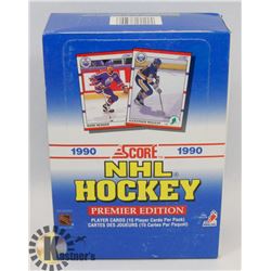 BOX OF NHL 1990 SCORE PREMIER EDITION CARD PACKS.