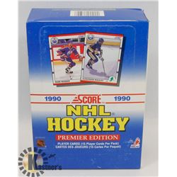 BOX OF NHL 1990 SCORE PREMIER EDITION CARD PACKS.