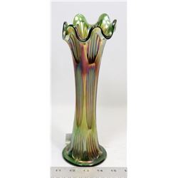 GREEN RIPPLED TOP CARNIVAL GLASS VASE