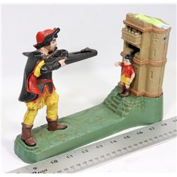 VINTAGE CAST IRON MECHANICAL WILLIAM TELL COIN BAN