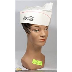 1950S MANNEQUIN HEAD WITH COKE SODA JERK HAT.