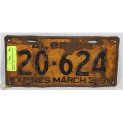 ALBERTA 1938 LICENSE PLATE EXP MARCH 31, 1938