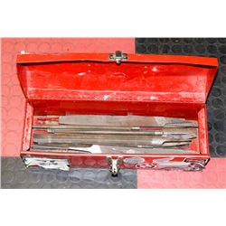RED METAL TOOL BOX FILLED WITH FILES