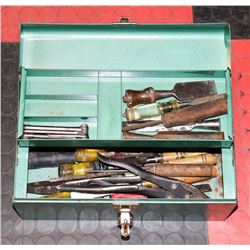 VINTAGE GREEN BEACH METAL TOOL BOX FILLED W/  WOOD