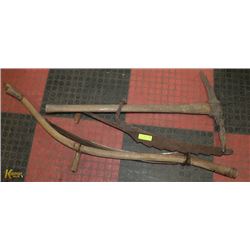 LOT OF ANTIQUE TOOLS INCL PICK AXE, SCYTHE AND ICE