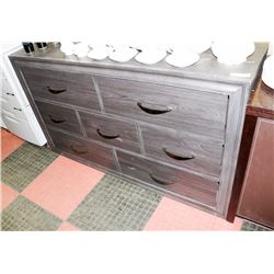 7 DRAWER WOOD TONE DRESSER, 58.5"X16"X38".