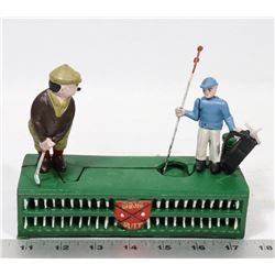 VINTAGE CAST IRON MECHANICAL GOLFER COIN BANK.