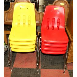 4 YELLOW/4 RED HIGH BACK STACKING CHAIRS.