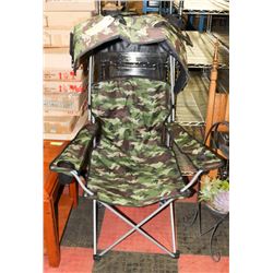 CAMO LAWN CHAIR WITH TOP UMBRELLA.