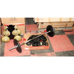 DUMBELLS, 2 BARS AND ASSORTED WEIGHTS AND