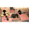 Image 1 : DUMBELLS, 2 BARS AND ASSORTED WEIGHTS AND