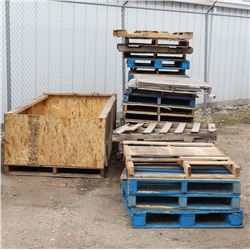 LARGE LOT OF WOOD PALLETS W/1 CRATE