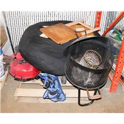 PALLET WITH FIREPIT, BEAN BAG, CAMP CHAIR.