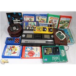 BOX OF VINTAGE VIDEO GAMES AND CONSOLE.