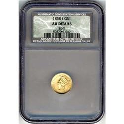 [L#5074] 1858-S G$1 NCS A U details, bent