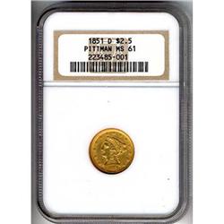 [L#5137] 1851-D G$2.5 PCGS MS61 Ex Pittman