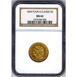 [L#5231] 1834 No Motto $5 NGC MS63