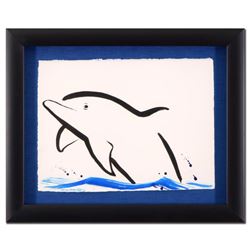 Wyland - "Dolphin" Framed Original Sumi Ink and Watercolor Painting, Hand Signed with Certificate of