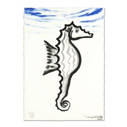 Wyland, "Seahorse with Blue" Original Sumi Ink Painting, Hand Signed with Certificate of Authenticit