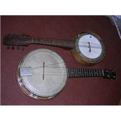 Two old bangos 1st named The Whirle Gemuke length 55cm , 2nd not named 55cm