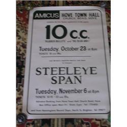 Early Original 10CC & Steeleye Span Concert Poster Hove Town Hall 23 Oct & 6 Nov 1973 in EX un-used 
