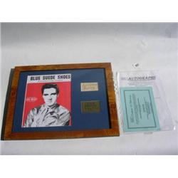 Glass framed Elvis Presley Autograph mounted with "Blue Suede Shoes" Sheet Music & brass Presentatio