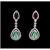 Image 1 : 3.72 ctw Emerald, Ruby and Diamond Earrings - 14KT White Gold