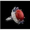 Image 1 : 14KT White Gold 12.90 ctw Coral, Sapphire and Diamond Ring