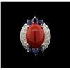Image 2 : 14KT White Gold 12.90 ctw Coral, Sapphire and Diamond Ring