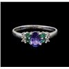 Image 2 : 14KT White Gold 0.59 ctw Tanzanite, Emerald and Diamond Ring