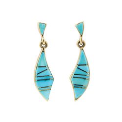 Inlaid Turquoise Dangle Earrings - 14KT Yellow Gold